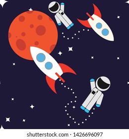 Seamless pattern space planet astronaut rocket.Print on fabric on paper. Funny illustration. Vector