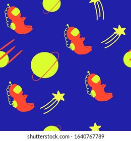 Seamless pattern space planets cosmonaut shooting stars yellow and red bright vivid colors on classic blue modern background