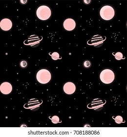 Seamless pattern with space, planets in pink and black colors. Vector illustration