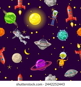 Seamless pattern space planets, rockets and stars