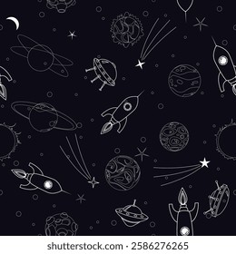Seamless pattern space planets, rockets and stars