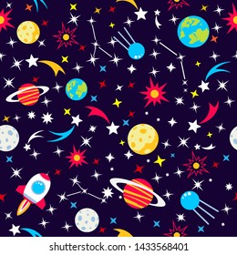 Seamless pattern Space with planets and stars, vector illustration.