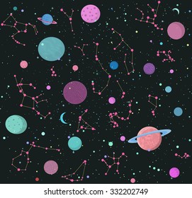 Seamless pattern with space, planets and stars