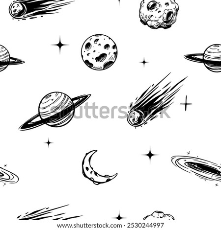 Seamless pattern, space, planets, stars, asteroids, comets, galactic objects. vector sketch illustration, black outline