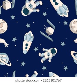 Espacio sin foco con cohete, astronauta, luna, satélite y estrellas de fondo azul oscuro. Ilustración vectorial de dibujos animados para papel envoltorio, tela, papel tapiz.