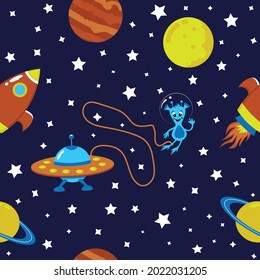 Seamless Pattern of space rocket, flying saucer, alien and planets. Starry sky. vector. galaxy