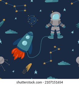 Seamless pattern of a space rocket flying with a bright flame on a blue background. Cute cartoon-style vector illustration with stars for your design.