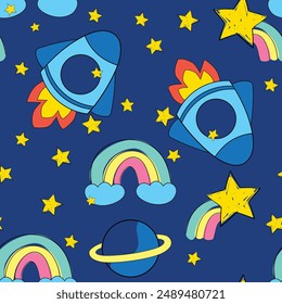 seamless pattern with space rocket. hand drawn background, texture with decor elements vector