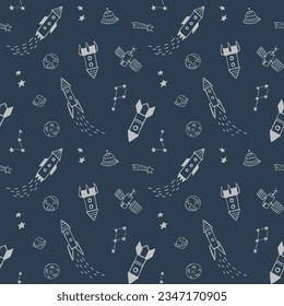 Seamless pattern with space rocket and others object. Design for use backdrop, wrapping paper all over fabric print and others