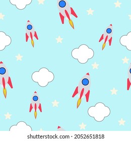 Seamless pattern with space rocket and planets. Background for sewing children's clothes and printing on wallpaper. Starry sky.