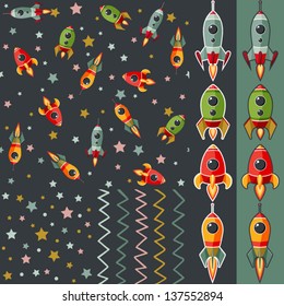 Seamless pattern of space, rocket and stars. Cartoon spaceship icons. Kid's elements for scrap-booking. Childish background. Hand drawn vector illustration.