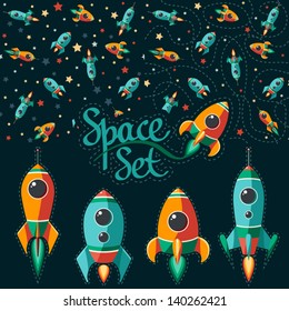 Seamless pattern of space, rocket and stars. Cartoon spaceship icons. Kid's elements for scrap-booking. Childish background. Hand drawn vector illustration.