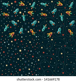 Seamless pattern of space, rocket and stars. Cartoon planet icons. Kid's elements for scrap-booking. Childish background. Hand drawn vector illustration.