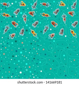 Seamless pattern of space, rocket and stars. Cartoon planet icons. Kid's elements for scrap-booking. Childish background. Hand drawn vector illustration.