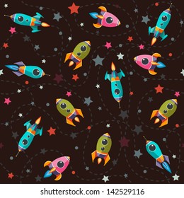 Seamless pattern of space, rocket and stars. Cartoon planet icons. Kid's elements for scrap-booking. Childish background. Hand drawn vector illustration.