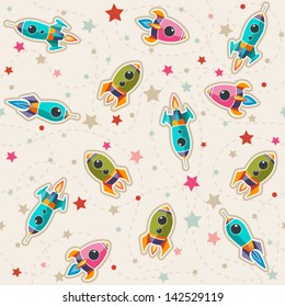 Seamless pattern of space, rocket and stars. Cartoon planet icons. Kid's elements for scrap-booking. Childish background. Hand drawn vector illustration.