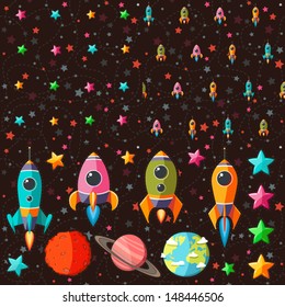 Seamless pattern of space, rocket and stars. Cartoon planet icons. Kid's elements for scrap-booking. Childish background. Hand drawn vector illustration. 