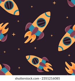 Seamless pattern with a space rocket taking off in cartoon style. Space travel. Cosmic children's background. Vector illustration.