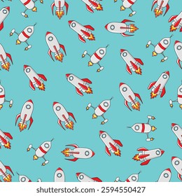 seamless pattern space rocket theme with flat vector style