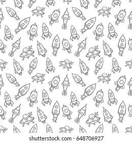 seamless pattern of space rocket and ufo using sketchy or doodle art on white background