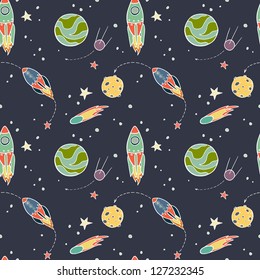 Seamless pattern with space, rockets, comet, planets and stars. Childish background. Vector illustration.