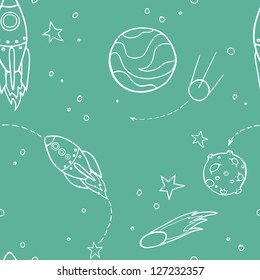 Seamless pattern with space, rockets, comet, planets and stars. Childish background. Vector illustration.