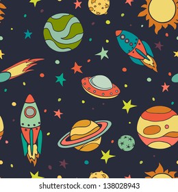 Seamless pattern with space, rockets, comet, planets and stars. Childish background. Hand drawn vector illustration.