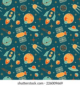Seamless pattern with space, rockets, comet, satellites, planets and stars. Childish background.