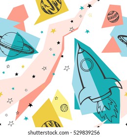 Seamless pattern with space, rockets, comet, planets and stars.Stickers abstraction with planetsHand drawn vector illustration.