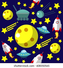 Seamless pattern with space, rockets, comet, stars and moon and UFO
