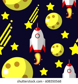 Seamless pattern with space, rockets, comet, stars and moon