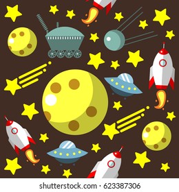 Seamless pattern with space, rockets, comet, stars and moon and UFO