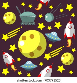 Seamless pattern with space, rockets, comet, stars and moon and UFO