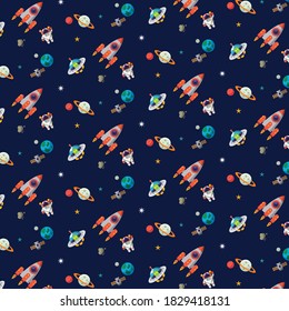 Seamless pattern with space, rockets, comets, planets and stars. Cute design for kid's fabric and wrapping paper. Childish background. Vector illustration for children.