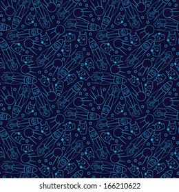 Seamless pattern with space, rockets,  dogs, satellites and stars.