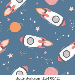 Seamless pattern with space. Rockets fly from all the planets, stars, constellations in the universe. Children's print. Vector graphics.