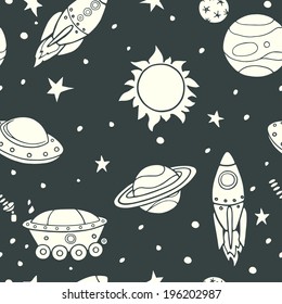 Seamless pattern with space, rockets, planets and stars. Childish tiling background.