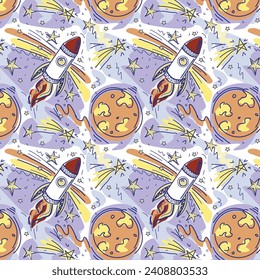 Seamless pattern with space rockets and planets. Vector illustration.