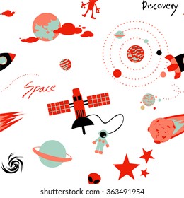 Seamless pattern with space, rockets, planets and stars