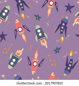 Patrón sin inconvenientes con cohetes espaciales y estrellas. nave espacial, constelaciones. Fondo espacial para niños. Para papel de envolver de regalo, textil, texturas superficiales, diseño infantil. Ilustración del vector