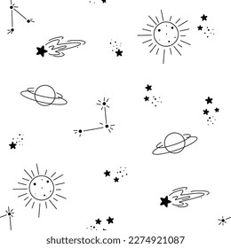Seamless pattern with space and set of space elements in doodle style, planets, stars, constellations, flying saucers	