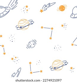 Seamless pattern with space and set of space elements in doodle style, planets, stars, constellations, flying saucers	