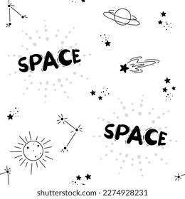 Seamless pattern with space and set of space elements in doodle style, planets, stars, constellations, flying saucers	