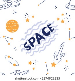 Seamless pattern with space and set of space elements in doodle style, planets, stars, constellations, flying saucers	