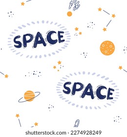 Seamless pattern with space and set of space elements in doodle style, planets, stars, constellations, flying saucers	