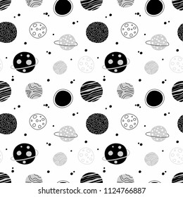Seamless pattern with space. Several kinds of planets on a white cosmic background. Planets and stars in outer space. Vector illustration. Suitable for printing on textiles, wallpaper, clothing.