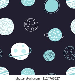 Seamless pattern with space. Several kinds of blue planets on a dark cosmic background. Planets and stars in outer space. Vector illustration. Suitable for printing on textiles, wallpaper, clothing.