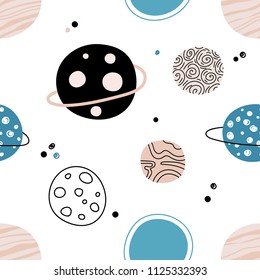 Seamless pattern with space. Several kinds of planets on a white cosmic background. Planets and stars in outer space. Vector illustration. Suitable for printing on textiles, wallpaper, clothing.