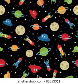 seamless pattern of space ships, planets and stars, with clipping path