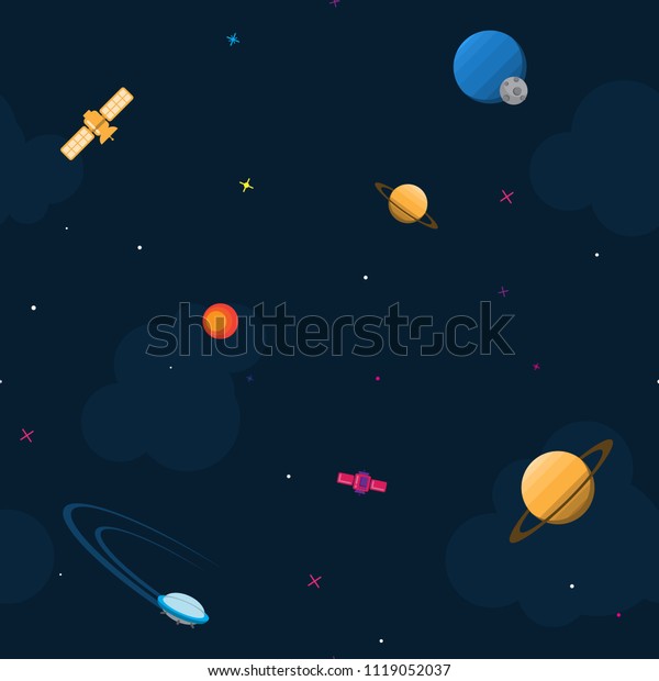 Seamless pattern with space ships, planets,\
clouds and stars. Modern design for the fabric and paper, surface\
textures. Vector\
illustration.